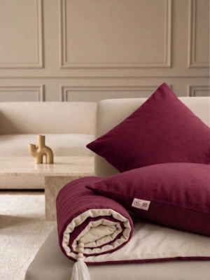 Luxury Çift Taraflı Keten Koltuk Pedi / Şiltesi [Kırlentli] - Bordo-Krem