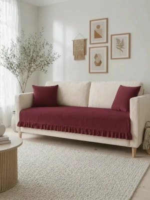 Fırfırlı Keten Koltuk Örtüsü [Kırlentli]-Bordo