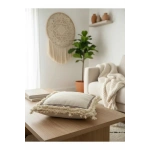 Dört Kenar Püsküllü Keten Krem Kırlent Kırlent Kılıfı43x43][
