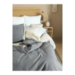 Çift Renkli Püsküllü (Antrasit - Krem) Keten Çift Kişilik Nevresim Takımı