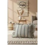 Premium Keten Gri Kalın Çizgili Fırfırlı KIrlent Kırlent Kılıfı (43 x 43 )