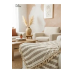 Premium Keten Kahverengi Çizgili Bej Ponponlu Koltuk Örtüsü (170 x 220)