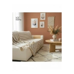 Premium Keten Kahverengi Çizgili Bej Ponponlu Koltuk Örtüsü (170 x 220)