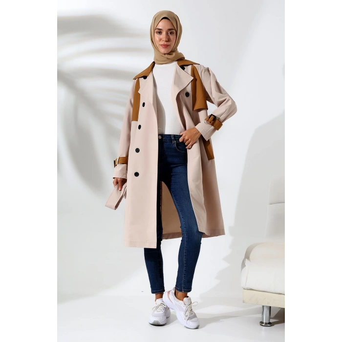 Kadın Mevsimlik Su Geçirmez Regular Fit Kruvaze Yaka Bondit Kumaş Trençkot