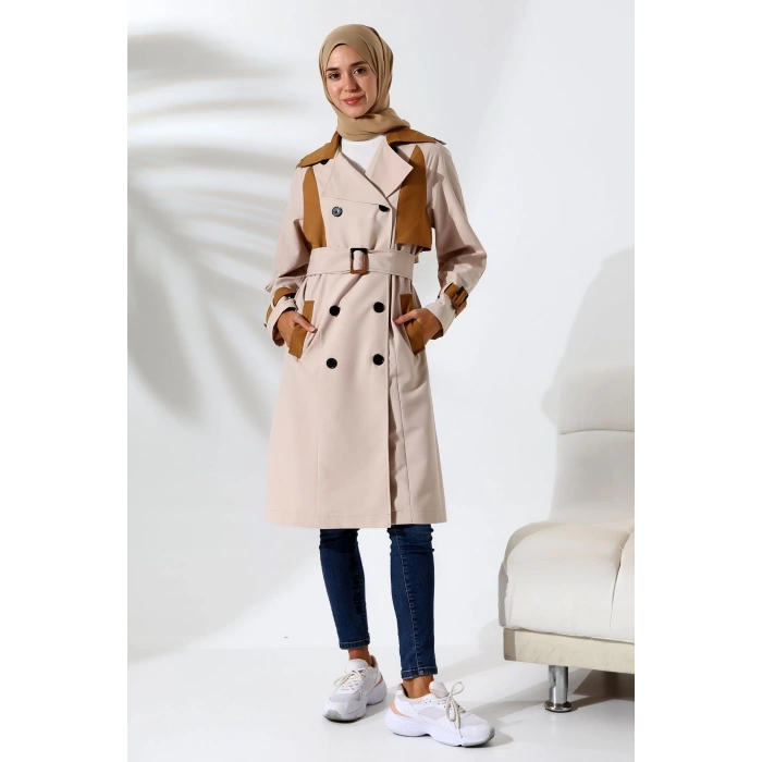 Kadın Mevsimlik Su Geçirmez Regular Fit Kruvaze Yaka Bondit Kumaş Trençkot