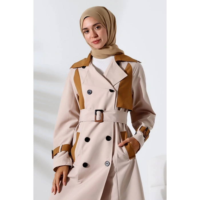 Kadın Mevsimlik Su Geçirmez Regular Fit Kruvaze Yaka Bondit Kumaş Trençkot