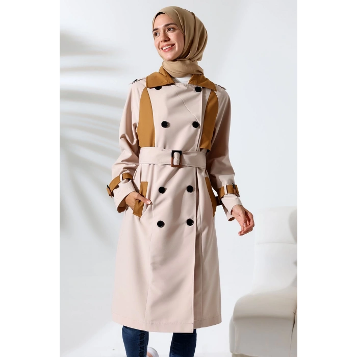Kadın Mevsimlik Su Geçirmez Regular Fit Kruvaze Yaka Bondit Kumaş Trençkot