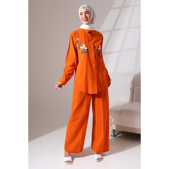 100% Pamuk Keten Günlük ve Rahat Çiçek Desen Nakışlı Taşlı Gömlek Pantolon Yazlık Alt Üst Takım