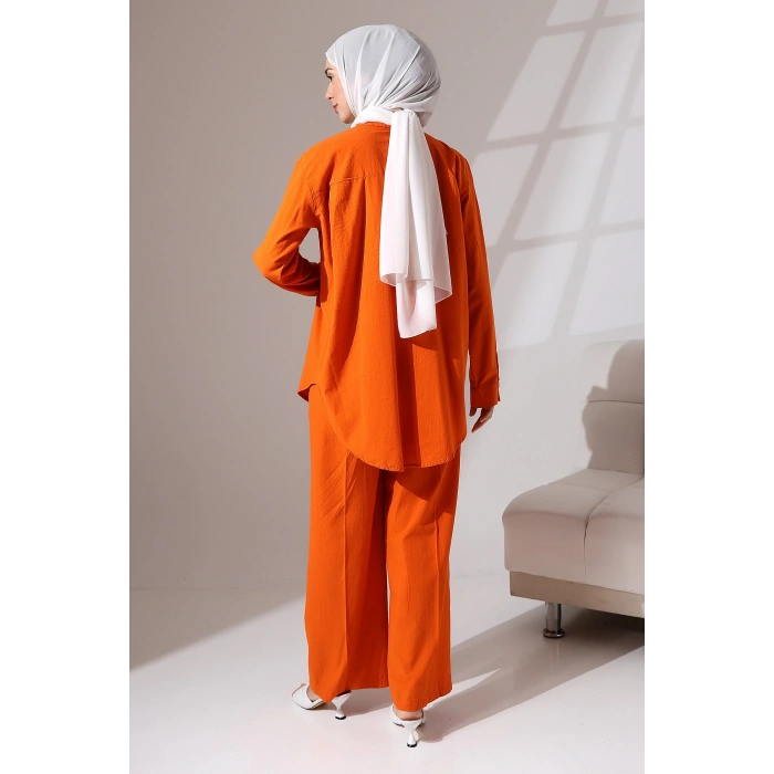 100% Pamuk Keten Günlük ve Rahat Çiçek Desen Nakışlı Taşlı Gömlek Pantolon Yazlık Alt Üst Takım