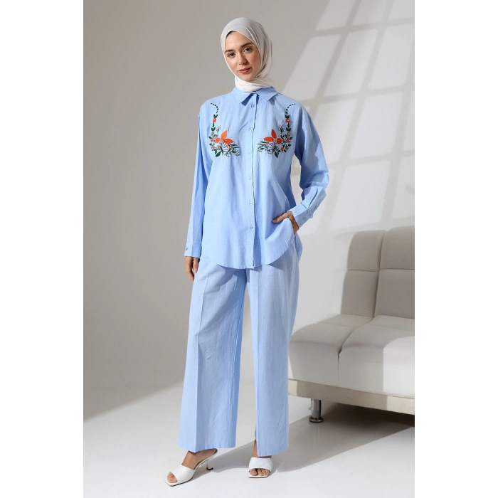 100% Pamuk Keten Günlük ve Rahat Çiçek Desen Nakışlı Taşlı Gömlek Pantolon Yazlık Alt Üst Takım