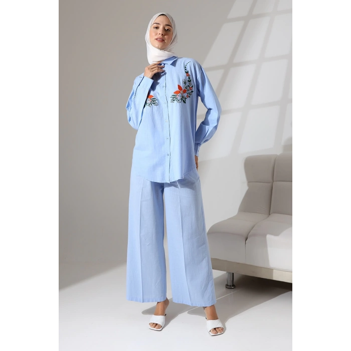 100% Pamuk Keten Günlük ve Rahat Çiçek Desen Nakışlı Taşlı Gömlek Pantolon Yazlık Alt Üst Takım