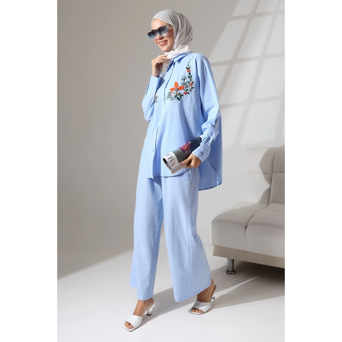 100% Pamuk Keten Günlük ve Rahat Çiçek Desen Nakışlı Taşlı Gömlek Pantolon Yazlık Alt Üst Takım