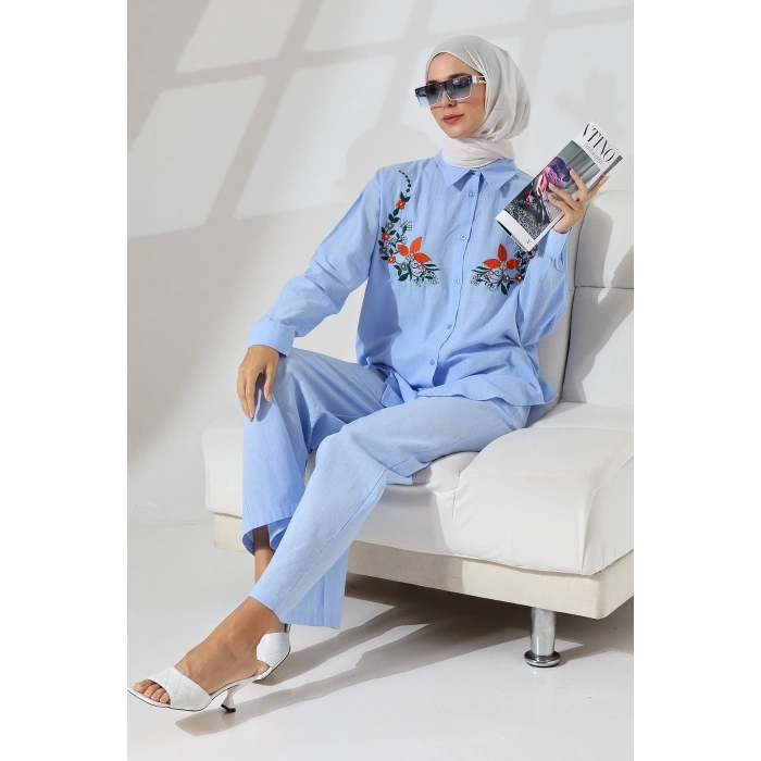 100% Pamuk Keten Günlük ve Rahat Çiçek Desen Nakışlı Taşlı Gömlek Pantolon Yazlık Alt Üst Takım