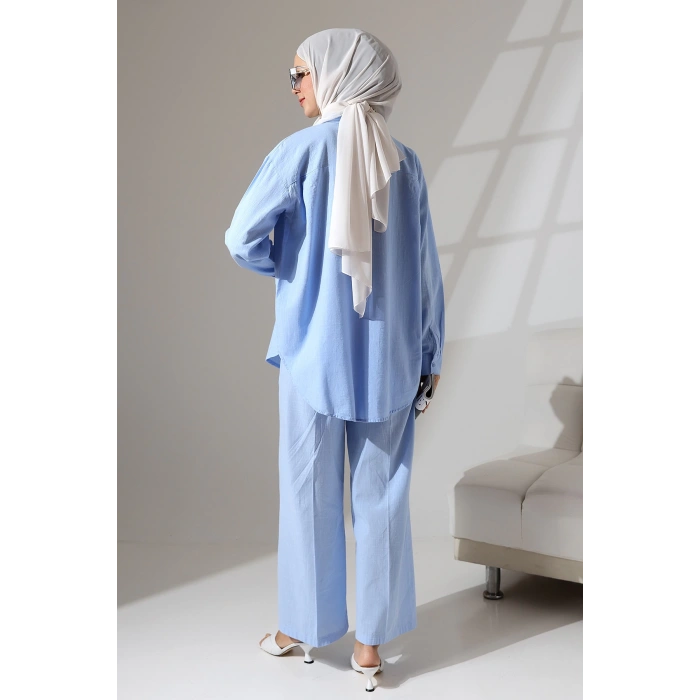 100% Pamuk Keten Günlük ve Rahat Çiçek Desen Nakışlı Taşlı Gömlek Pantolon Yazlık Alt Üst Takım