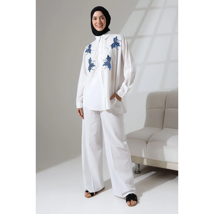 100% Pamuk Keten Günlük ve Rahat Çiçek Desen Nakışlı Pullu Gömlek Pantolon Yazlık Alt Üst  Takım