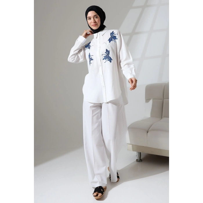 100% Pamuk Keten Günlük ve Rahat Çiçek Desen Nakışlı Pullu Gömlek Pantolon Yazlık Alt Üst  Takım