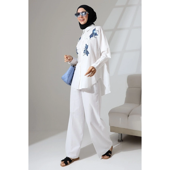 100% Pamuk Keten Günlük ve Rahat Çiçek Desen Nakışlı Pullu Gömlek Pantolon Yazlık Alt Üst  Takım