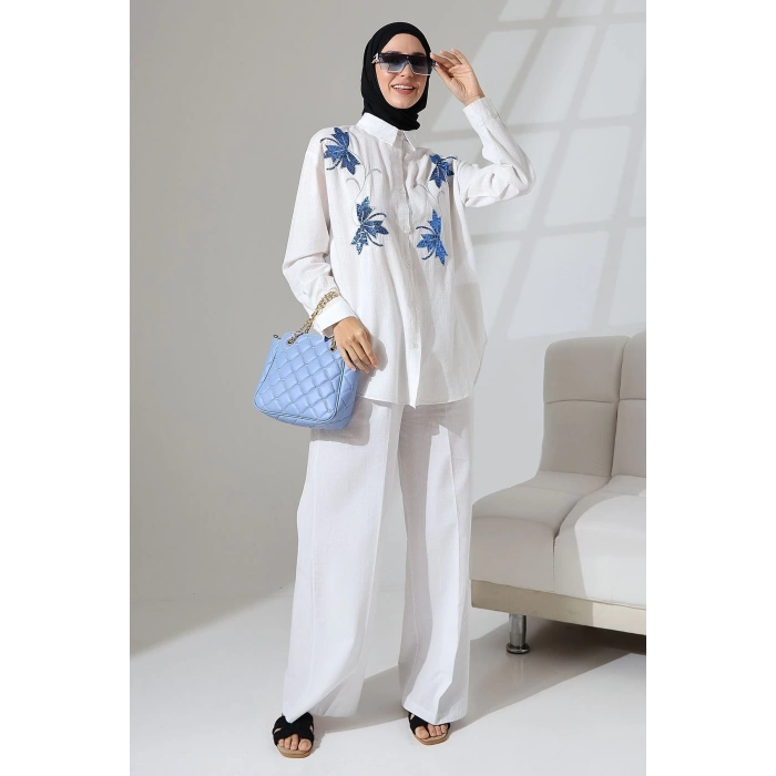 100% Pamuk Keten Günlük ve Rahat Çiçek Desen Nakışlı Pullu Gömlek Pantolon Yazlık Alt Üst  Takım