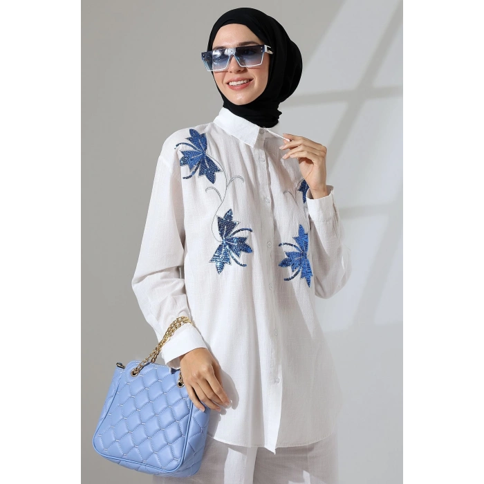 100% Pamuk Keten Günlük ve Rahat Çiçek Desen Nakışlı Pullu Gömlek Pantolon Yazlık Alt Üst  Takım