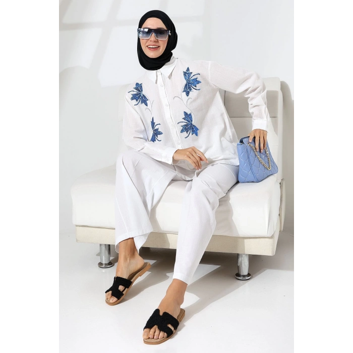 100% Pamuk Keten Günlük ve Rahat Çiçek Desen Nakışlı Pullu Gömlek Pantolon Yazlık Alt Üst  Takım