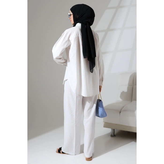 100% Pamuk Keten Günlük ve Rahat Çiçek Desen Nakışlı Pullu Gömlek Pantolon Yazlık Alt Üst  Takım