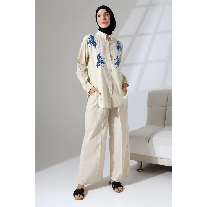 100% Pamuk Keten Günlük ve Rahat Çiçek Desen Nakışlı Pullu Gömlek Pantolon Yazlık Alt Üst  Takım