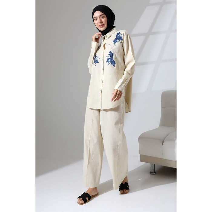 100% Pamuk Keten Günlük ve Rahat Çiçek Desen Nakışlı Pullu Gömlek Pantolon Yazlık Alt Üst  Takım