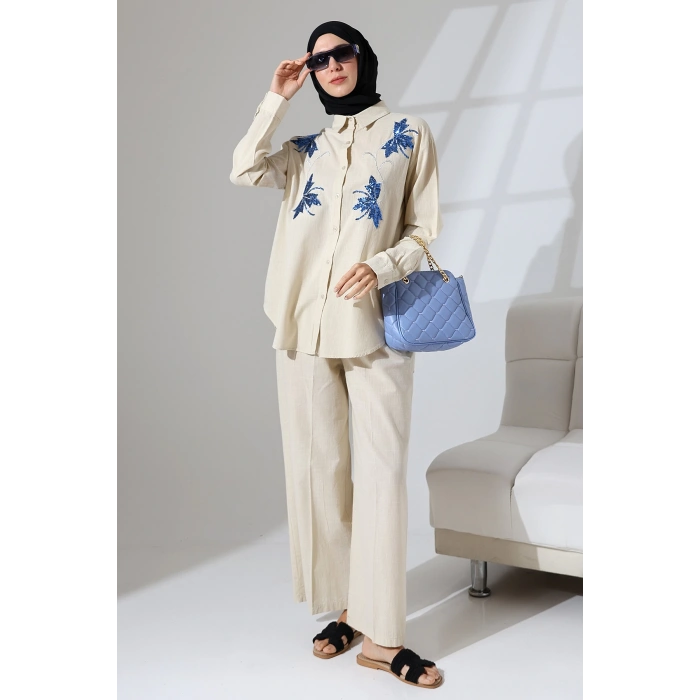 100% Pamuk Keten Günlük ve Rahat Çiçek Desen Nakışlı Pullu Gömlek Pantolon Yazlık Alt Üst  Takım