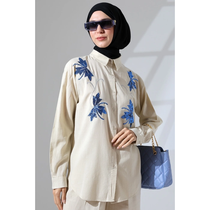 100% Pamuk Keten Günlük ve Rahat Çiçek Desen Nakışlı Pullu Gömlek Pantolon Yazlık Alt Üst  Takım