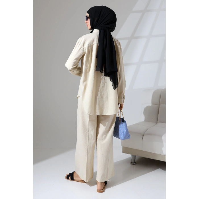 100% Pamuk Keten Günlük ve Rahat Çiçek Desen Nakışlı Pullu Gömlek Pantolon Yazlık Alt Üst  Takım