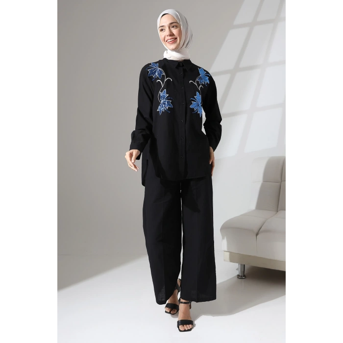 100% Pamuk Keten Günlük ve Rahat Çiçek Desen Nakışlı Pullu Gömlek Pantolon Yazlık Alt Üst  Takım