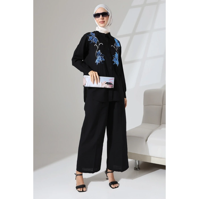 100% Pamuk Keten Günlük ve Rahat Çiçek Desen Nakışlı Pullu Gömlek Pantolon Yazlık Alt Üst  Takım