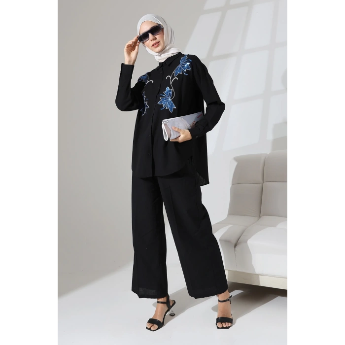 100% Pamuk Keten Günlük ve Rahat Çiçek Desen Nakışlı Pullu Gömlek Pantolon Yazlık Alt Üst  Takım