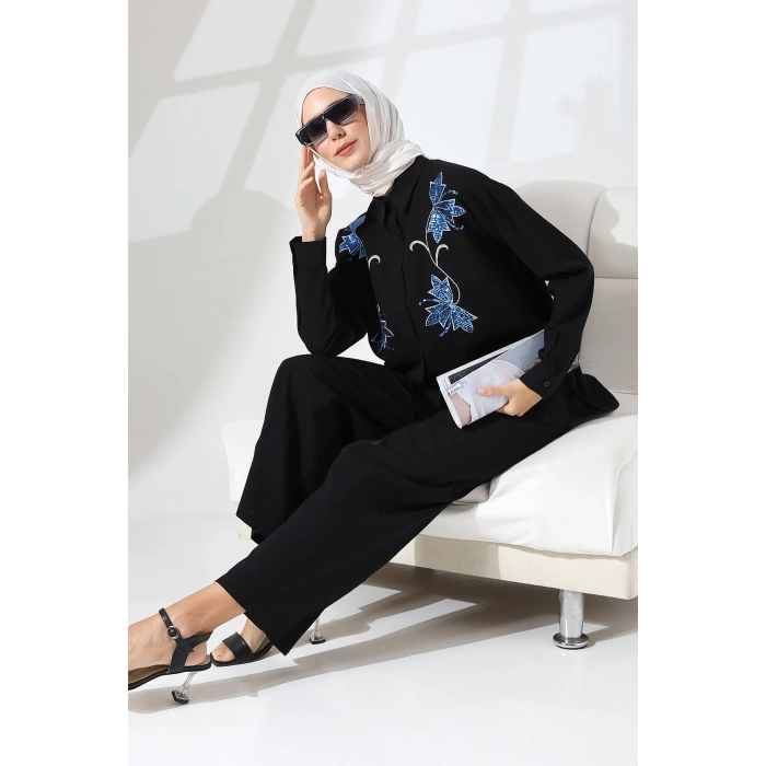 100% Pamuk Keten Günlük ve Rahat Çiçek Desen Nakışlı Pullu Gömlek Pantolon Yazlık Alt Üst  Takım