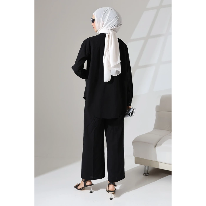 100% Pamuk Keten Günlük ve Rahat Çiçek Desen Nakışlı Pullu Gömlek Pantolon Yazlık Alt Üst  Takım