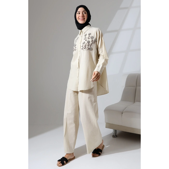 100% Pamuk Keten Günlük ve Rahat Çiçek Desen Nakışlı Taşlı Gömlek Pantolon Yazlık Alt Üst Takım