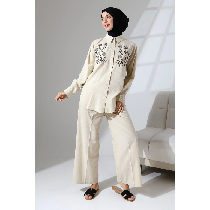 100% Pamuk Keten Günlük ve Rahat Çiçek Desen Nakışlı Taşlı Gömlek Pantolon Yazlık Alt Üst Takım