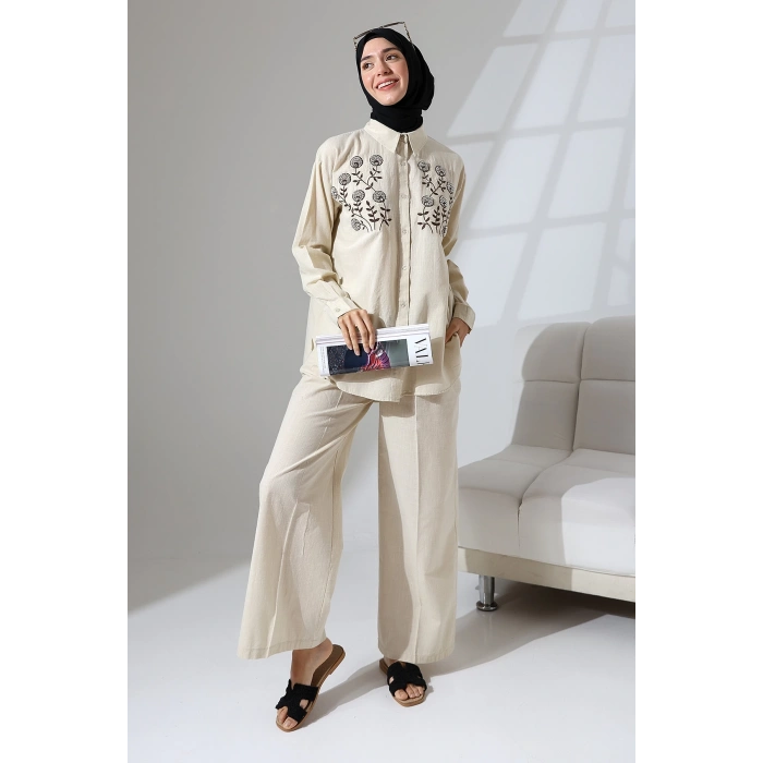 100% Pamuk Keten Günlük ve Rahat Çiçek Desen Nakışlı Taşlı Gömlek Pantolon Yazlık Alt Üst Takım