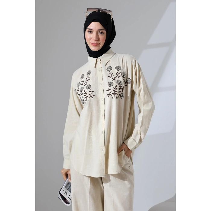 100% Pamuk Keten Günlük ve Rahat Çiçek Desen Nakışlı Taşlı Gömlek Pantolon Yazlık Alt Üst Takım