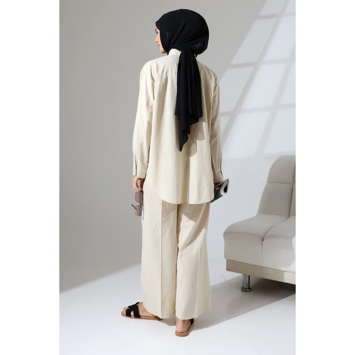 100% Pamuk Keten Günlük ve Rahat Çiçek Desen Nakışlı Taşlı Gömlek Pantolon Yazlık Alt Üst Takım