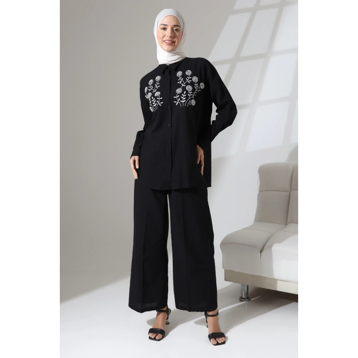 100% Pamuk Keten Günlük ve Rahat Çiçek Desen Nakışlı Taşlı Gömlek Pantolon Yazlık Alt Üst Takım