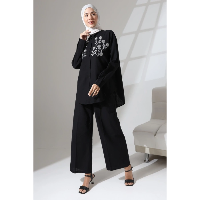 100% Pamuk Keten Günlük ve Rahat Çiçek Desen Nakışlı Taşlı Gömlek Pantolon Yazlık Alt Üst Takım