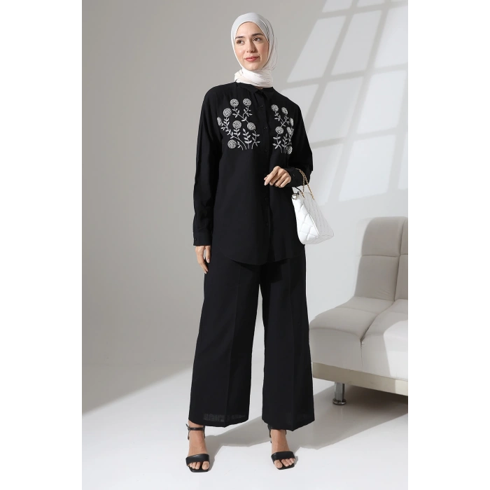 100% Pamuk Keten Günlük ve Rahat Çiçek Desen Nakışlı Taşlı Gömlek Pantolon Yazlık Alt Üst Takım