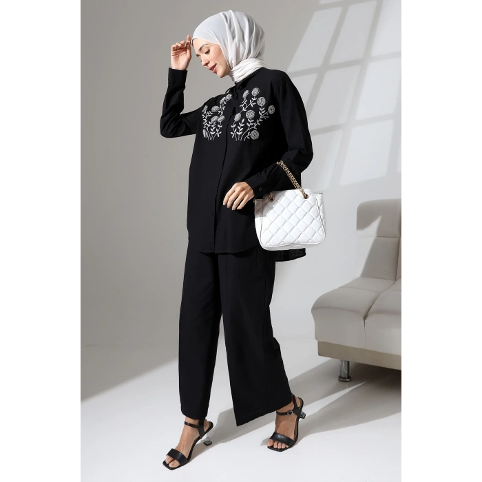 100% Pamuk Keten Günlük ve Rahat Çiçek Desen Nakışlı Taşlı Gömlek Pantolon Yazlık Alt Üst Takım