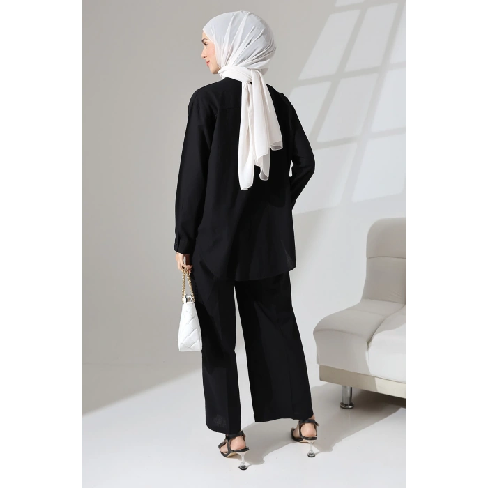 100% Pamuk Keten Günlük ve Rahat Çiçek Desen Nakışlı Taşlı Gömlek Pantolon Yazlık Alt Üst Takım