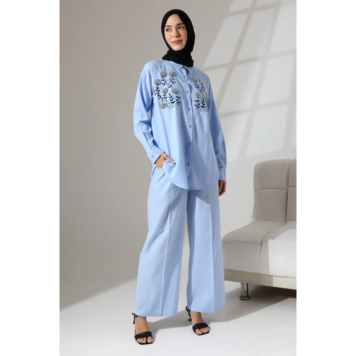 100% Pamuk Keten Günlük ve Rahat Çiçek Desen Nakışlı Taşlı Gömlek Pantolon Yazlık Alt Üst Takım