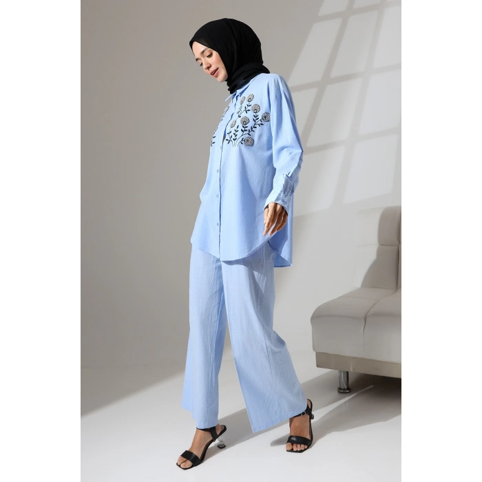 100% Pamuk Keten Günlük ve Rahat Çiçek Desen Nakışlı Taşlı Gömlek Pantolon Yazlık Alt Üst Takım