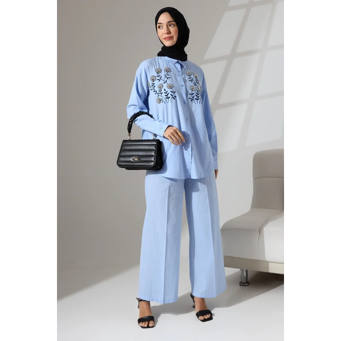 100% Pamuk Keten Günlük ve Rahat Çiçek Desen Nakışlı Taşlı Gömlek Pantolon Yazlık Alt Üst Takım