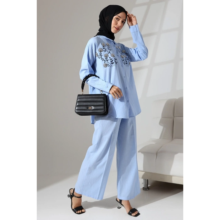 100% Pamuk Keten Günlük ve Rahat Çiçek Desen Nakışlı Taşlı Gömlek Pantolon Yazlık Alt Üst Takım