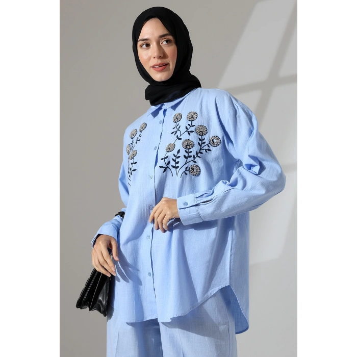 100% Pamuk Keten Günlük ve Rahat Çiçek Desen Nakışlı Taşlı Gömlek Pantolon Yazlık Alt Üst Takım